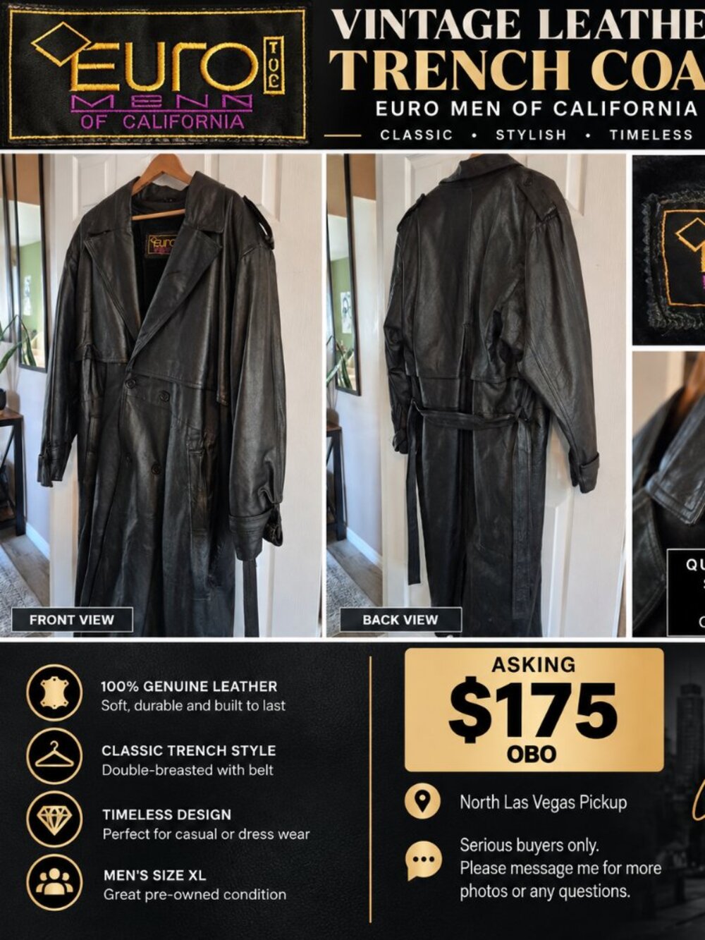 Vintage Euro Men of California Leather Trench Coat Men’s XL Black